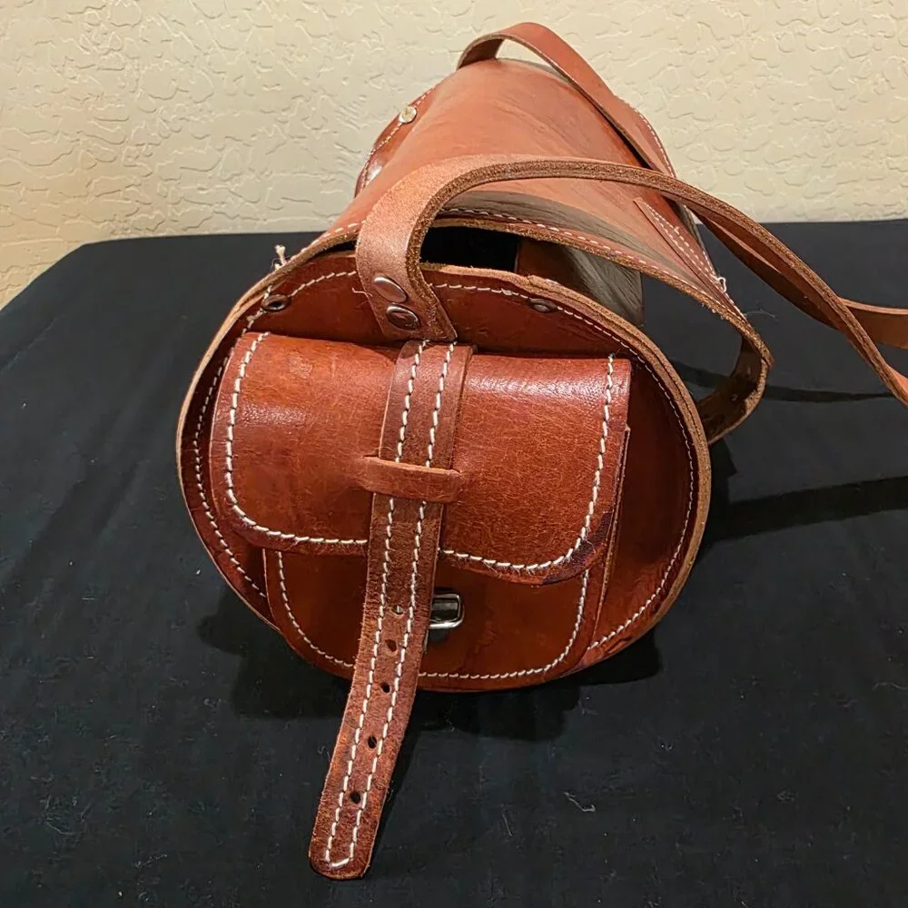 Vintage Handmade Hazelnut Brown Genuine Leather Barrel Purse Crossbody Bag